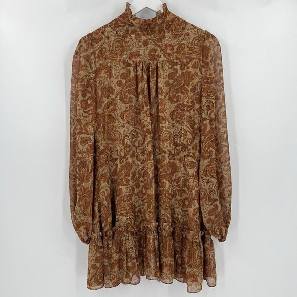 House Of Harlow 1960 Paisley Metallic Gold Ruffle Lined Dress Long Sleeve Size 6 - Picture 5 of 9